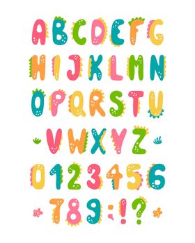 Cute colorful vector English alphabet in dinosaur style for kids