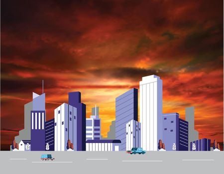 Cartoon Future City on a Landscape Background