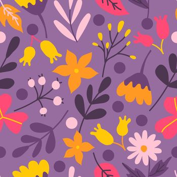 Plants and flowers on purple background. Vector seamless pattern in flat style for fabric, wrapping paper, postcards, wallpaper