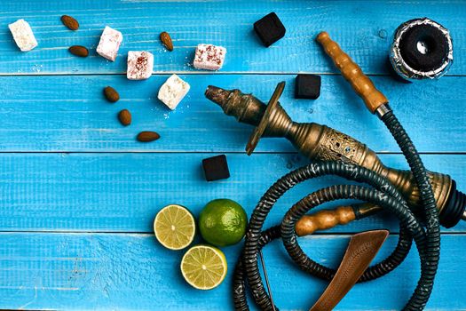 Tobacco background. Turkish smoking hookah with tobacco flavor of ripe lime