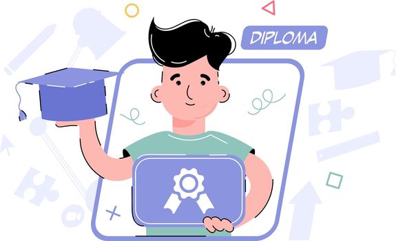 Diploma topic. The boy is holding a diploma and a graduation cap. Element for the design of presentations, applications and websites. Trend illustration.