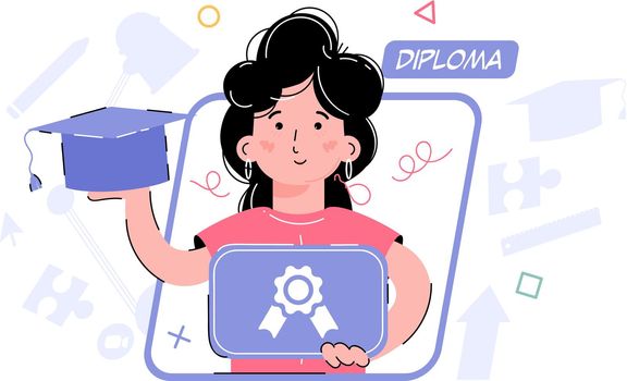 Diploma topic. The girl is holding a diploma and a graduation cap. Element for the design of presentations, applications and websites. Trend illustration.