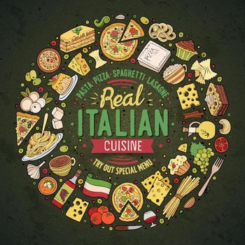 Set of Italian food cartoon doodle objects, symbols and items