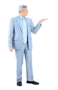 Businessman in age, with an outstretched hand. Isolated on a white background.