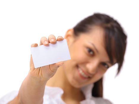 Young happy businesswoman with blank sign or business card,
