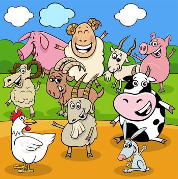 cartoon farm animals characters group in the countryside