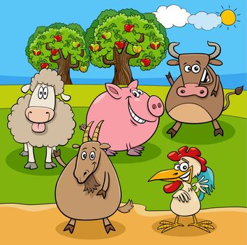 Cartoon illustration of farm animals group in the meadow