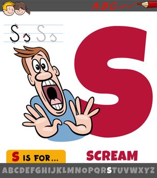 letter S worksheet with cartoon illustration of scream word