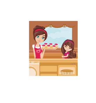 mother and daughter Baking muffins