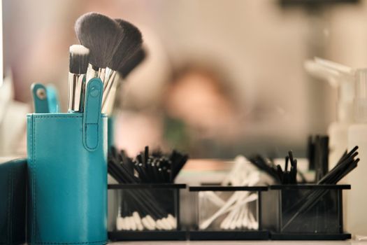 Professional brushes for applying makeup from natural pile. Products for makeup artists