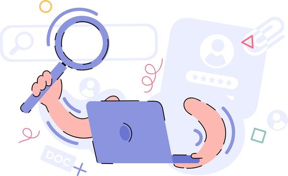 Hands with laptop and magnifying glass. Search concept. Flat style.