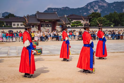 SOUTH KOREA - August 28, 2019: Changing of a guards of king's palace Gyeongbokgung Seoul, South Korea