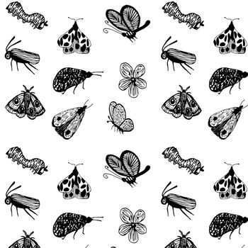 Seamless vector pattern of insects, butterflies and flowers.