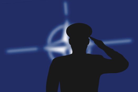 Solder silhouette on blur background with NATO flag.