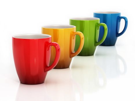 Colorful porcelain coffee cups isolated on white background. 3D illustration
