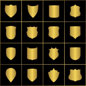Golden heraldic shields. Retro style borders, frames, labels