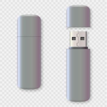 Blank usb drive design mock up set, 3d rendering. Clear plastic flash disk template