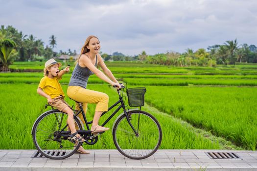 Mother and son ride a bicycle on a rice field in Ubud, Bali. Travel to Bali with kids concept