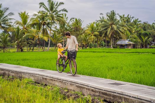 Father and son ride a bicycle on a rice field in Ubud, Bali. Travel to Bali with kids concept.