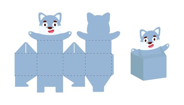 Simple packaging favor box wolf design for sweets, candies, small presents. Party package template for any purposes, birthday, baby shower. Print, cut out, fold, glue. Vector stock illustration