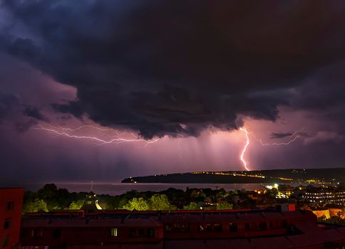 beautiful powerful lightning strikes in the sky