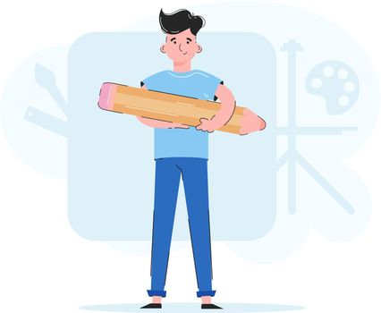 The guy is holding a pencil. Trend illustration. Good for apps, presentations and websites. Vector.