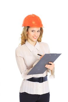 A woman engineer in helmet.