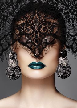 Luxury Woman with Celebrate Fashion Makeup, silver Earrings, black Lace veil. Halloween or Christmas style. Lips Make-up