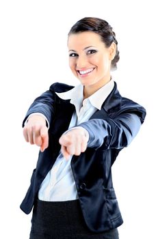 Nice business woman pointing fingers. Isolated on a white background.