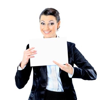Nice business woman with a white banner. Isolated on a white background.