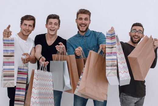 cheerful men from shops with colored bags, stood full.