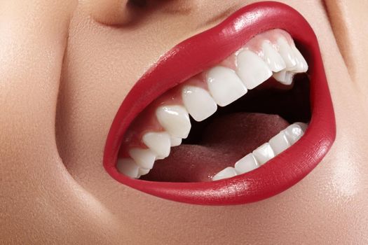 Dental Beauty. Beautiful Macro with perfect White Teeth. Fashion Lips Red Make-up. Whitening Tooth, Wellness Treatment