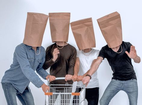 four men in a shopping concept on white
