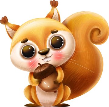 Cute cartoon squirrel with a nut and a letter on a white background