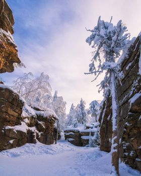Beautiful bizarre rocks in the famouse place "Stone city" in the Perm region, Middle Ural mountains, Russia.