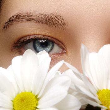 Beautiful female eye. Clean skin, fashion natural make-up. Good vision. Spring natural look with chamomile flowers