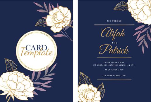 Luxury wedding card with golden sketch flowers, leaves. Marriage card template. Vector floral invitation background. Gold objects on dark purple background.