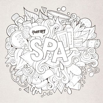 Spa hand lettering and doodles elements and symbols background. Vector hand drawn illustration