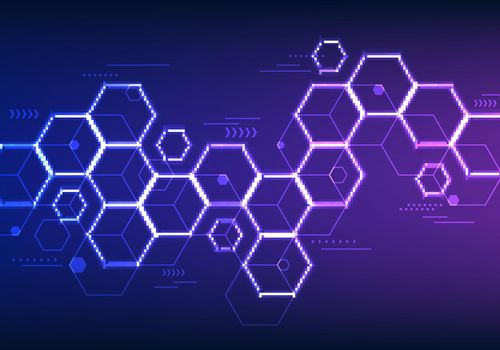 Abstract innovation technology background blue and purple neon lighting hexagon geometric pattern