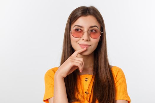 Fashion girl hipster in glasses. White background isolated.