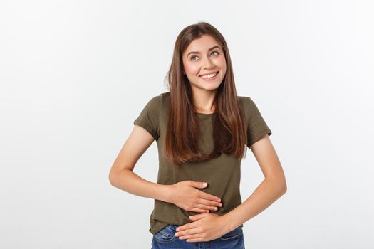 pregnant woman with her hands on her stomach, isolated against white background