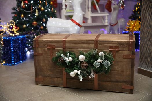 close up. wooden chest with Christmas gifts
