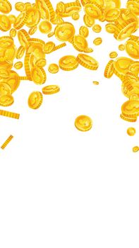 American dollar coins falling. Overwhelming scattered USD coins. USA money. Amusing jackpot, wealth or success concept. Vector illustration.