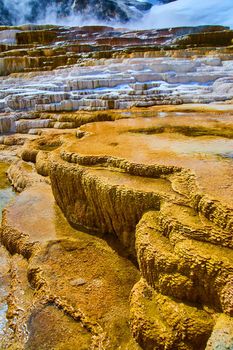 Details of Yellowstone terraces in winter at hot springs