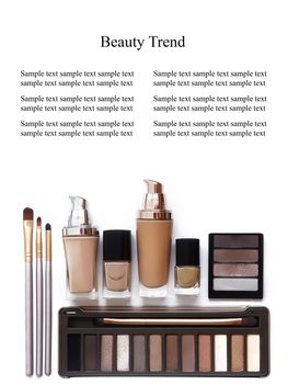 Cosmetics in natural colors and brushes isolated on white background. Makeup tools and accessories. Brow eyeshadows, naturel skin foundation for clean ton on face, nail polish, make-up brushes