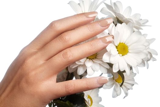 Beautiful female fingers with pastel pink manicure touching spring flowers. Care about female hands, healthy soft skin. Spa ,