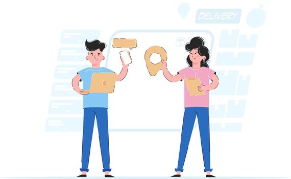 Man and woman delivery workers. The concept of providing delivery services. Trend vector illustration.