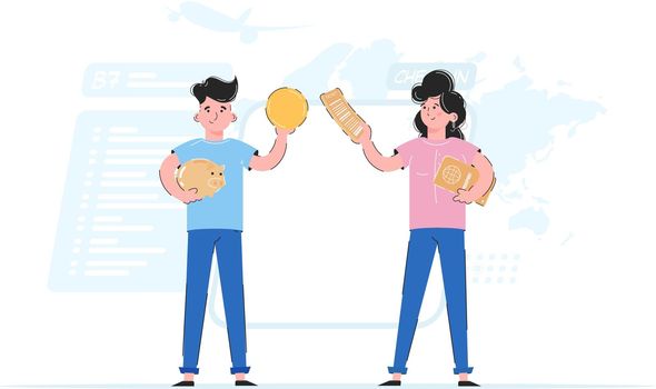 A man and a woman are planning a trip. Travel concept. Trend vector illustration.