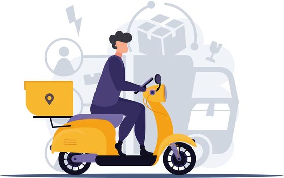 Guy on a moped. Delivery concept. Trend illustration flat. Vector.