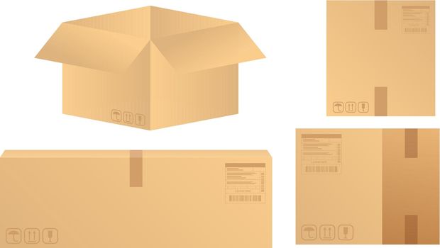 Carton delivery packaging open and closed box with fragile signs. Cardboard box mockup set.